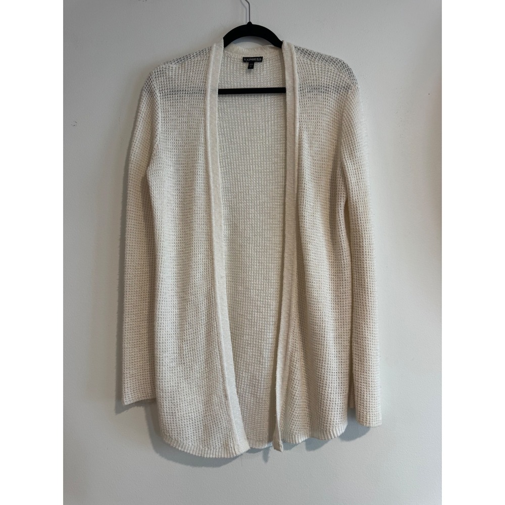 Express Open Front Waffle Knit Cardigan Womens S White Lightweight Layer